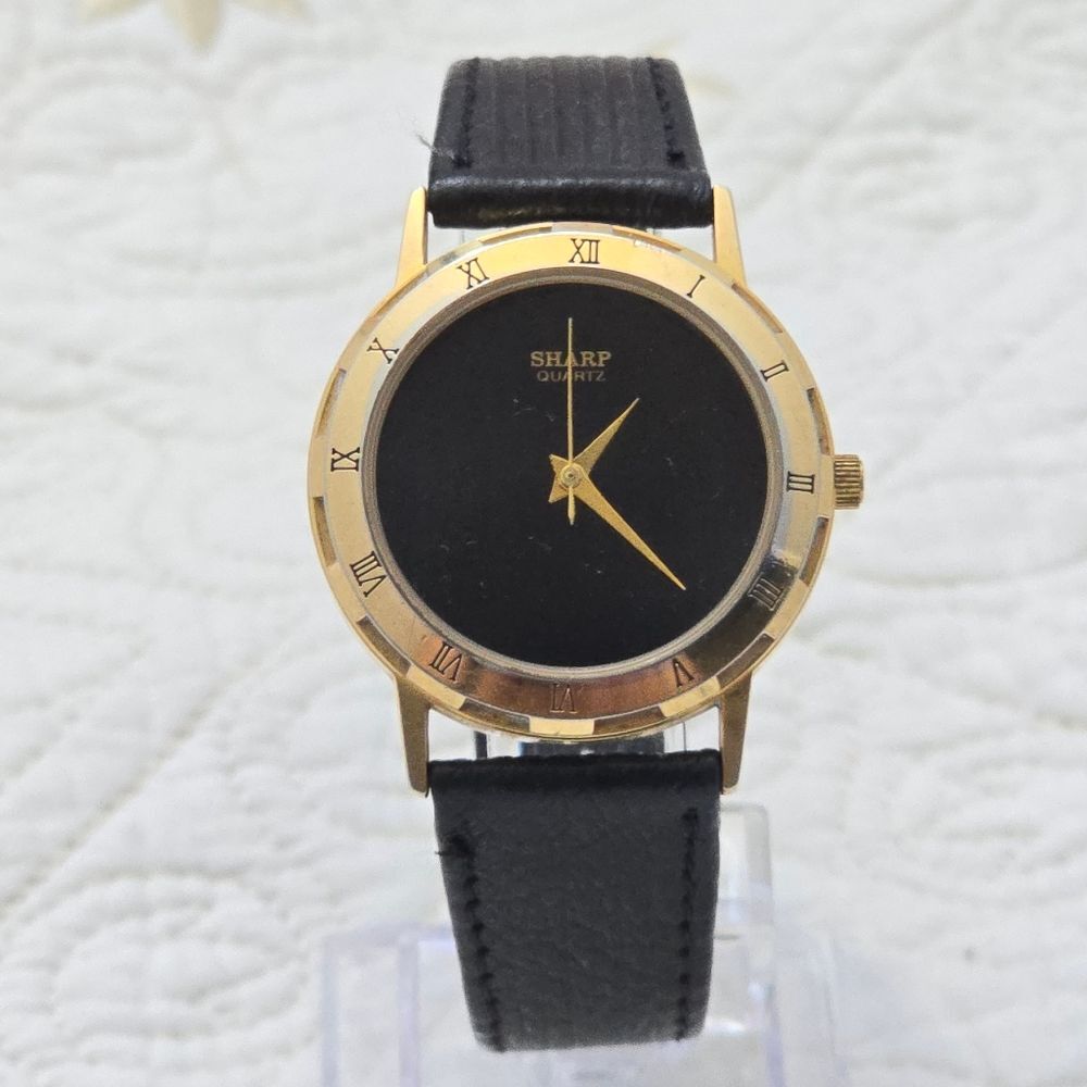 VTG Sharp Quartz Watch Gold Tone Black Dial Leather Band Unisex Japan Mvt 273811